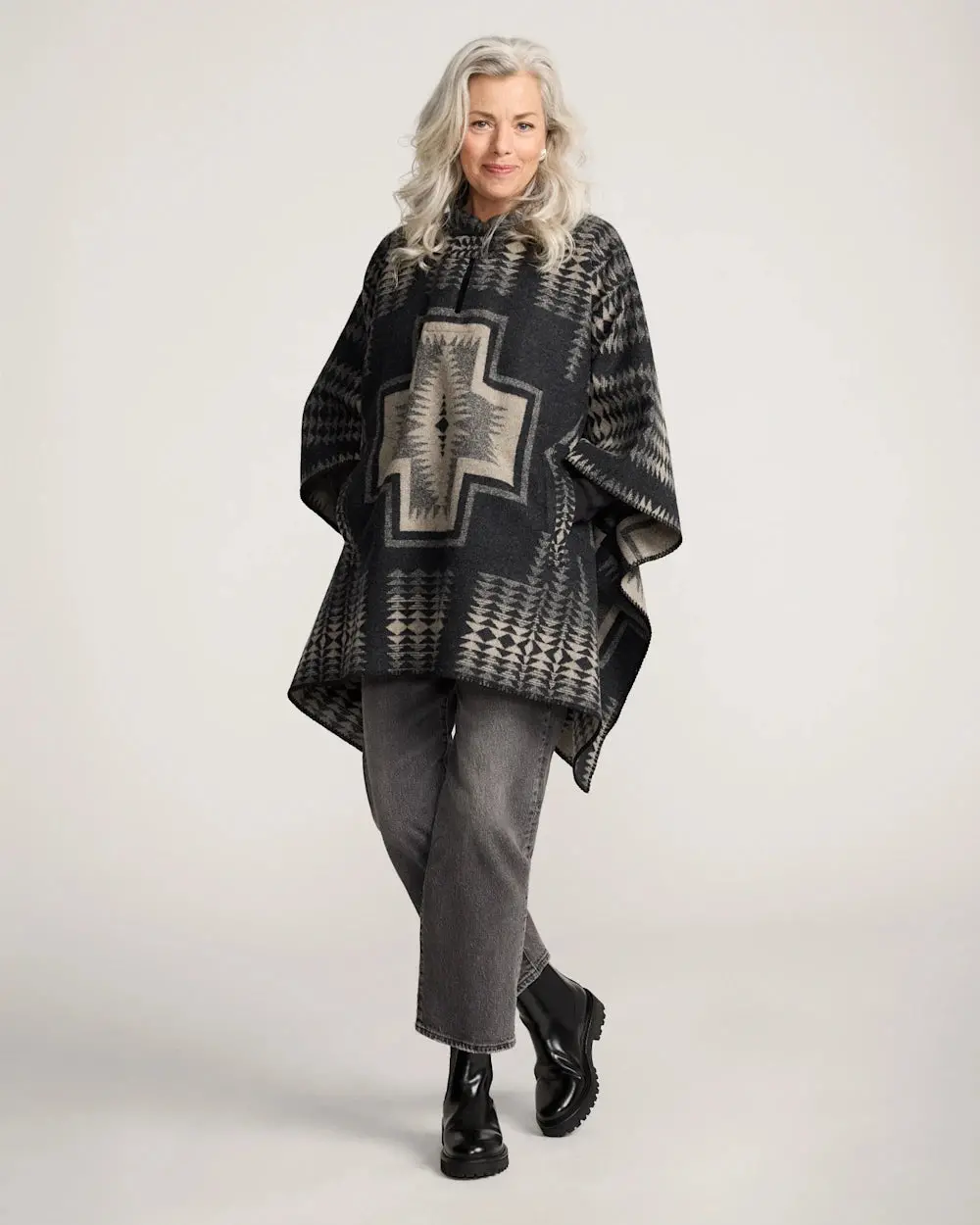 Pendleton Women's Poncho In Harding Black And Tan 1