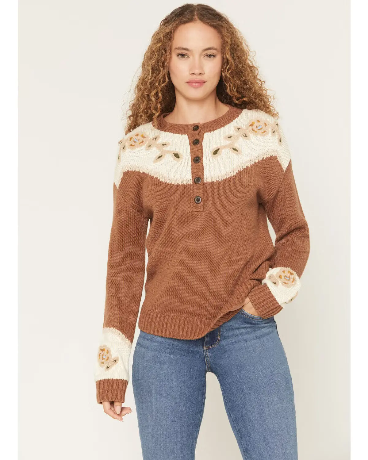 Pendleton Women's Western Floral Henley Sweater In Spice Brown 1