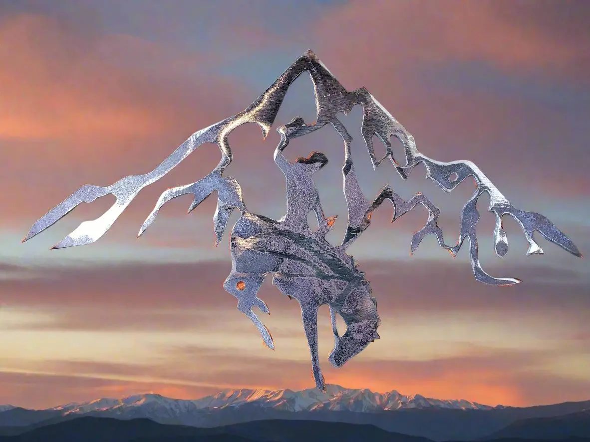 Metal Art Bucking Horse And Rider With Mountains ** 1