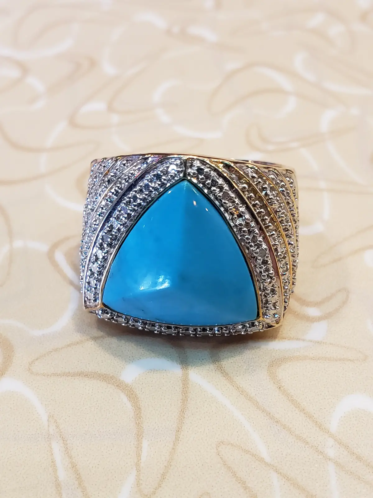 .925 Sterling Triangle Turquoise Ring Size 9.5 1
