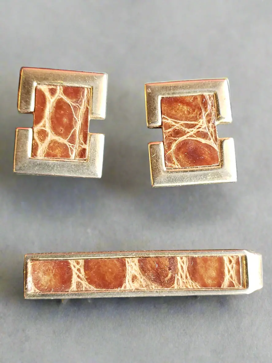 Shields Leather And Brass Cuff Link Tie Bar Set 1
