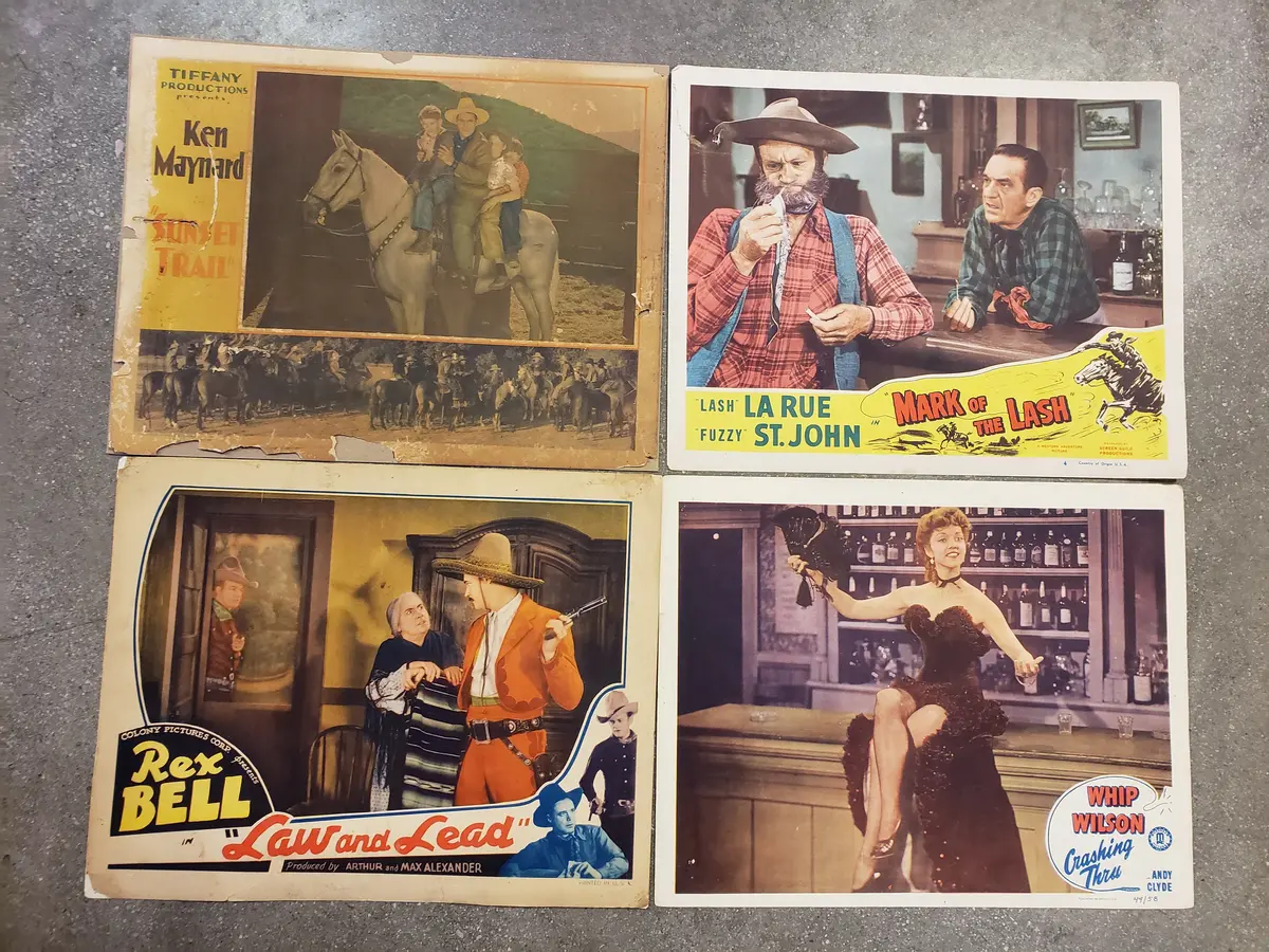 Set Of 4 Vintage Western Movie Lobby Cards (Ken Maynard, Rex Bell, Whip Wilson, And Lash La Rue) 1