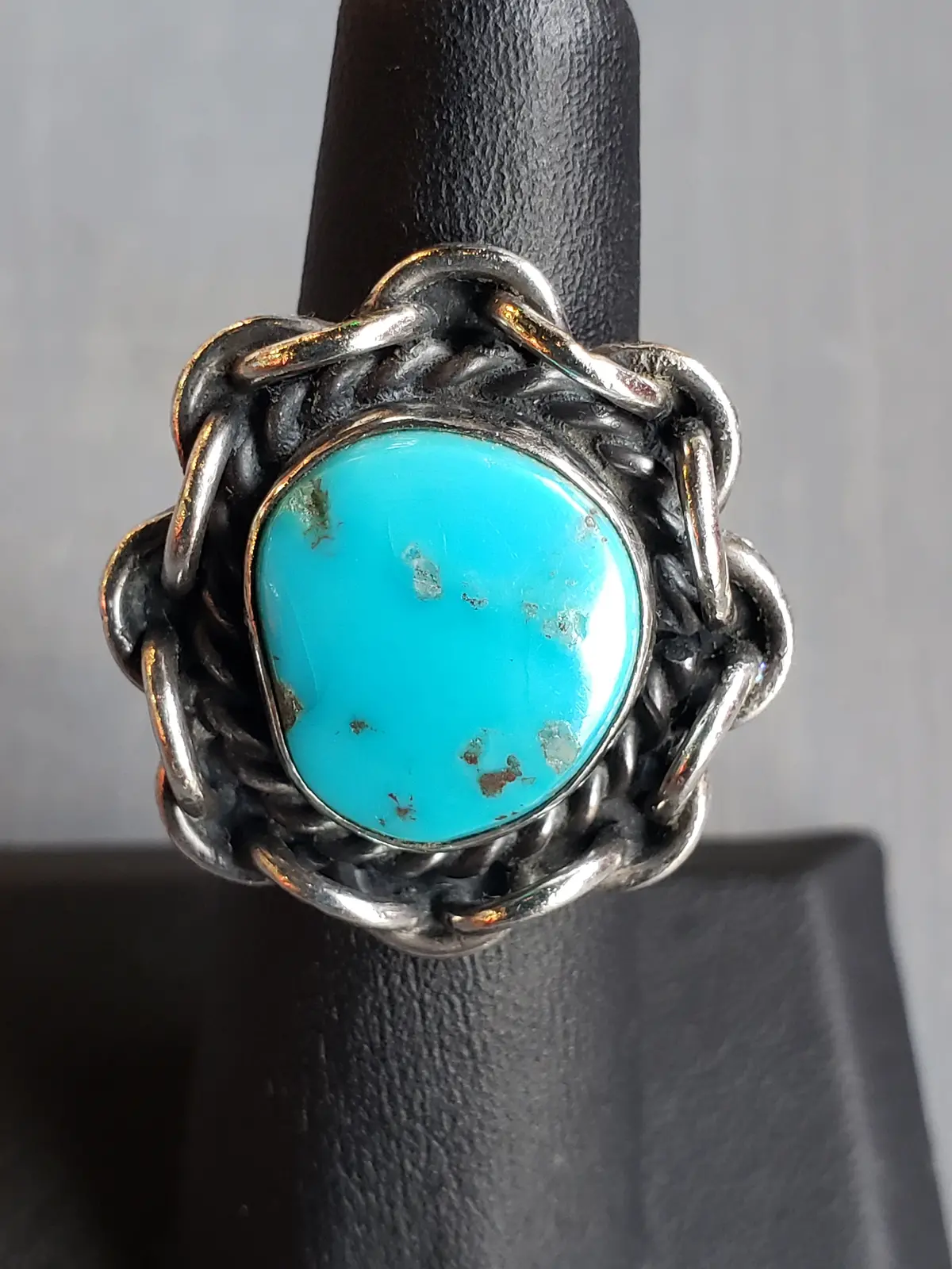 Sterling Turquoise Ring With Chain Design Size 5.5 1