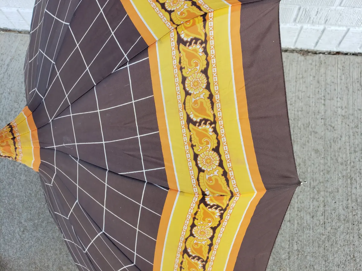 Vintage Brown Orange Yellow Umbrella With Lucite Handle 2