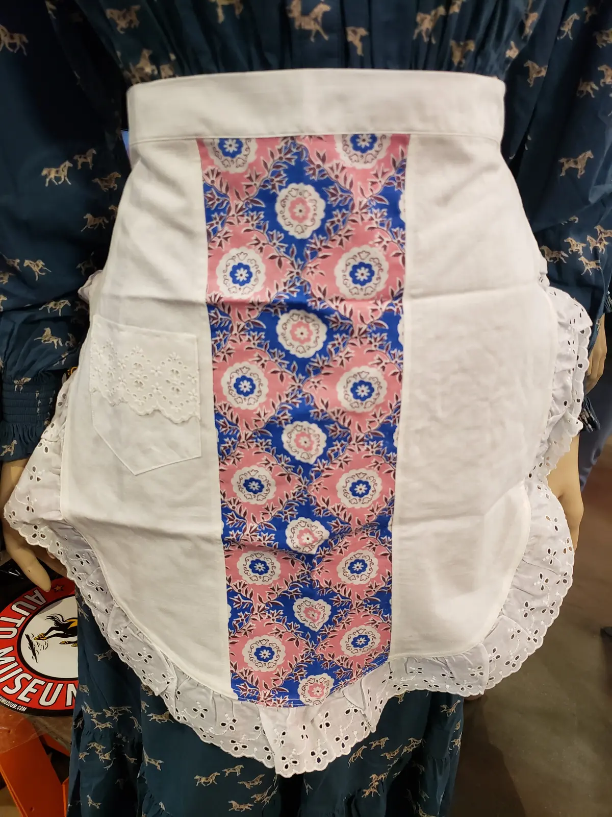 White Pink Blue Vintage Apron With Eyelet Trim 1