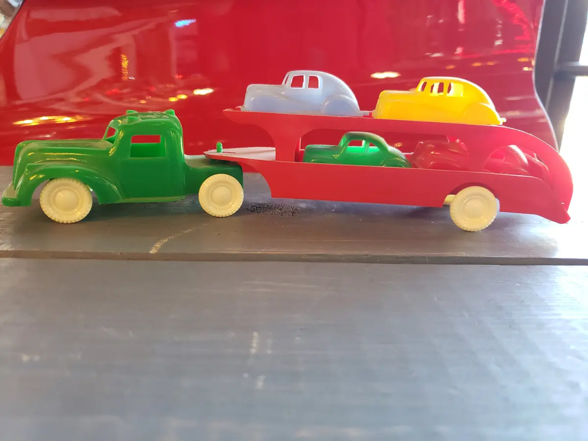1950'S Toy Car Hauler Truck, Trailer, 4 Cars 1