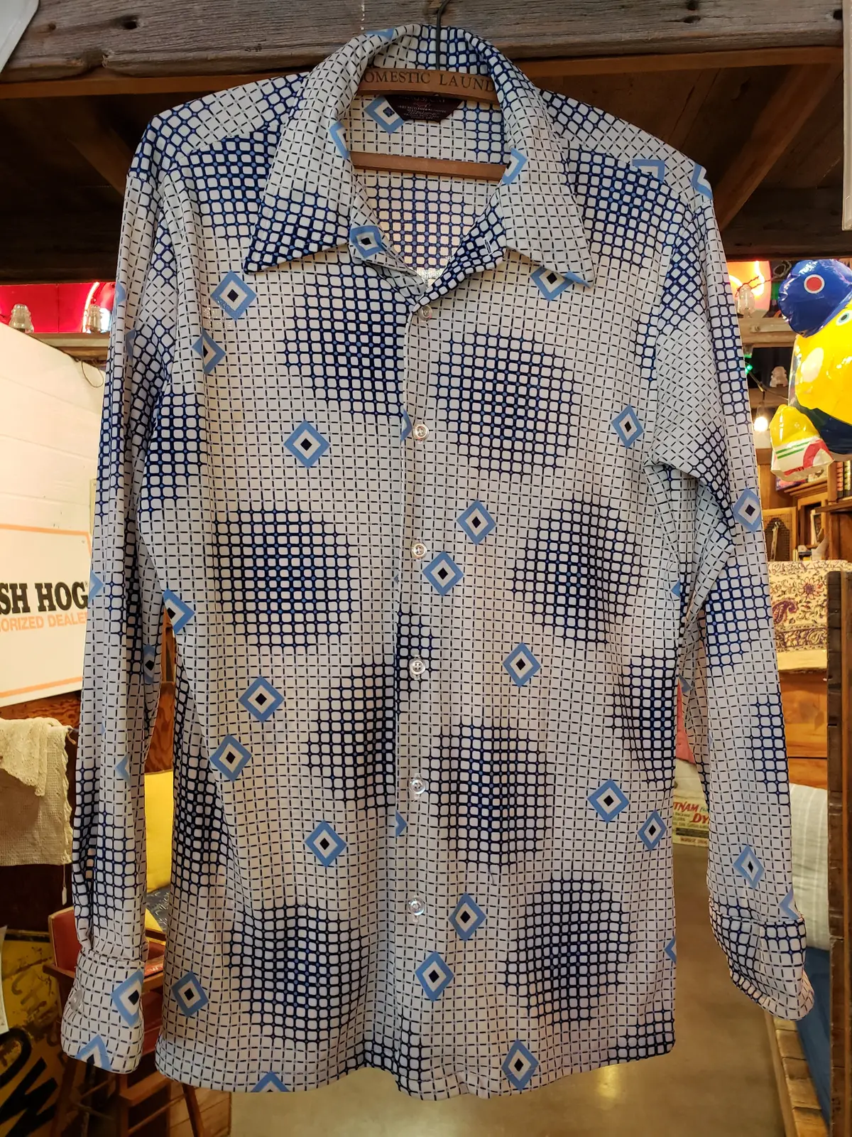Size Large 70'S Style Men's Shirt White Blue 1