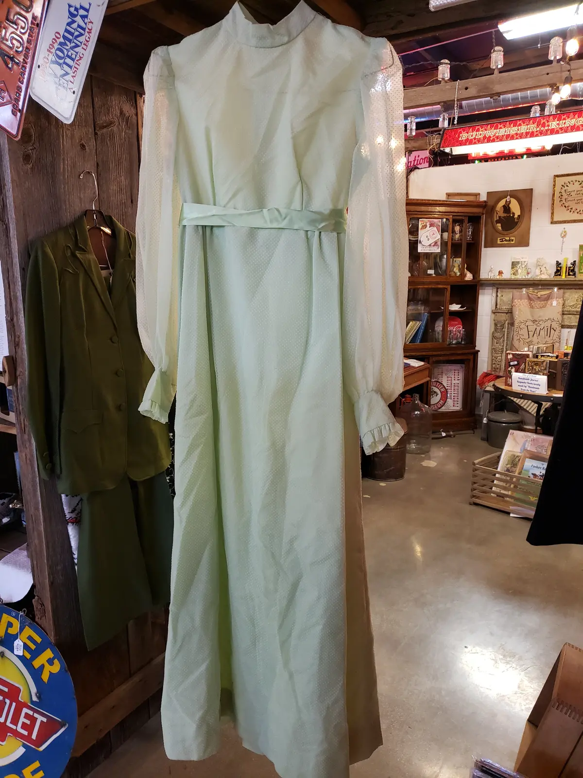 Woman's Green Dotted Swiss Long Dress Size S 1