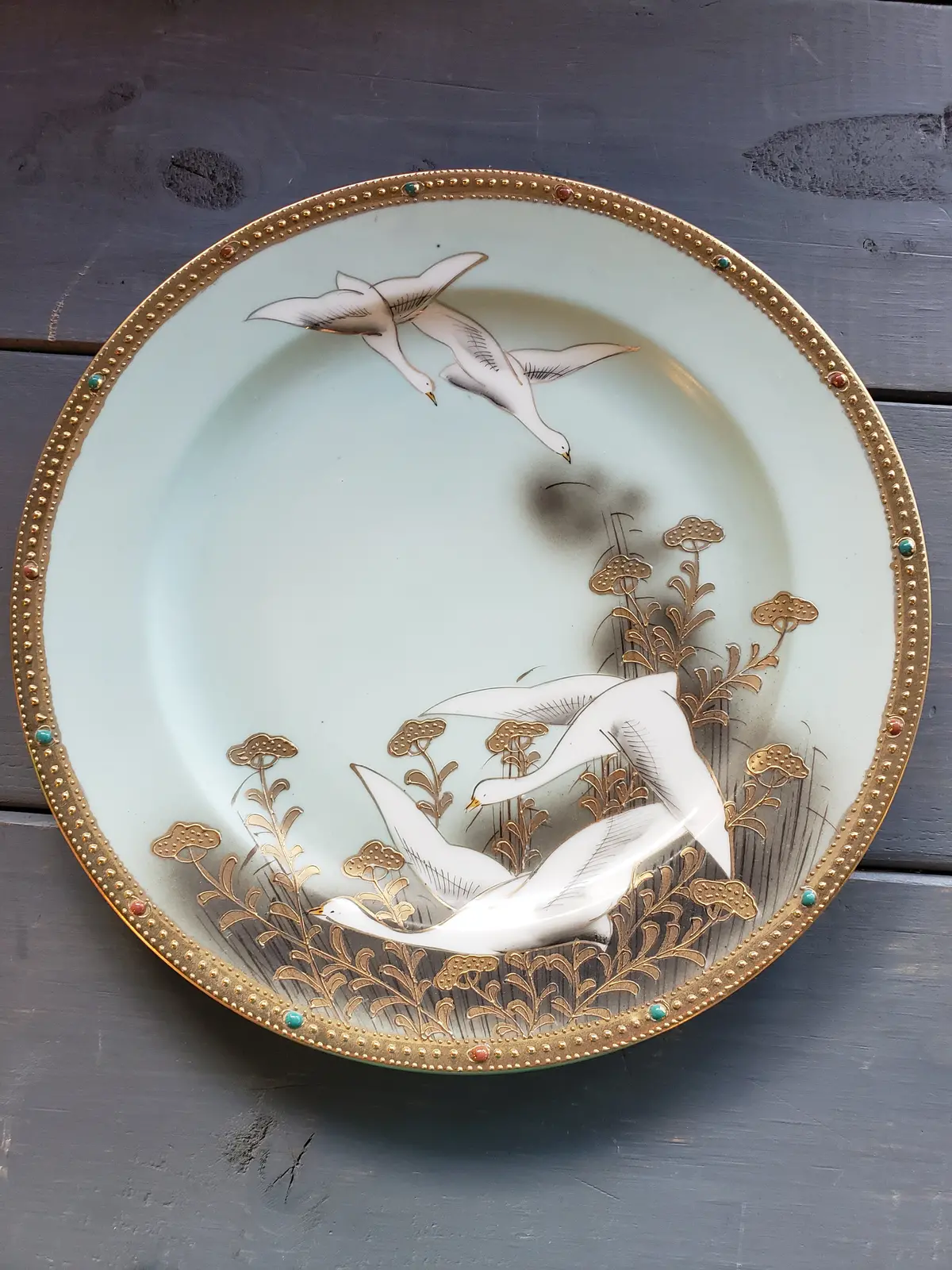 White Geese Hand Painted Nippon Plate Golden Jeweled Rim 1