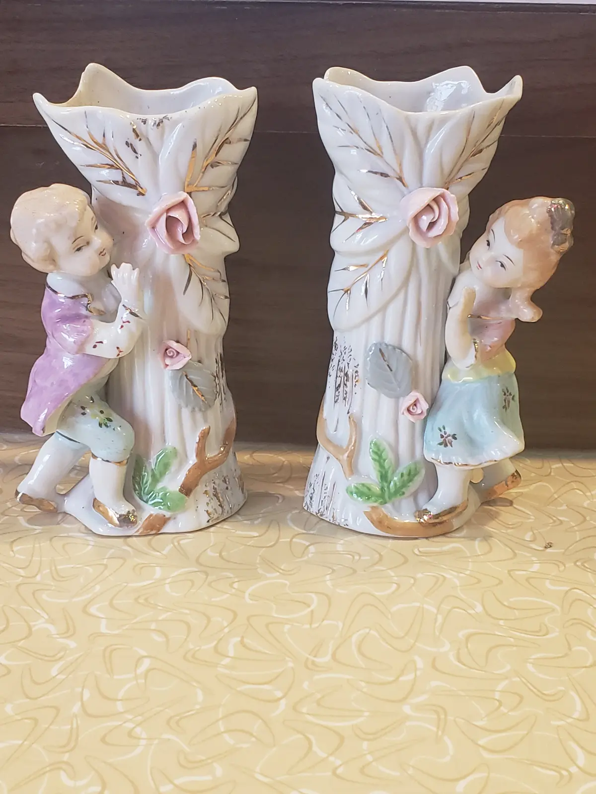 Ucagco 1950S Porcelain Children Bisque Vase Set 1