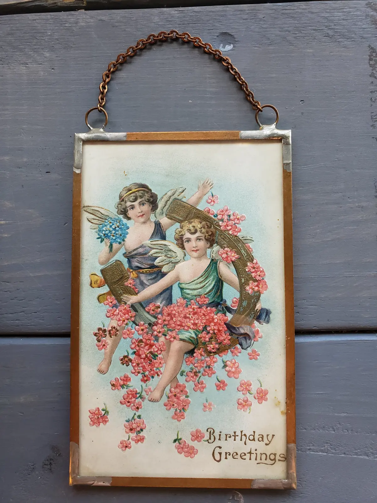 1908 Birthday Greetings Postcard Copper Framed 1