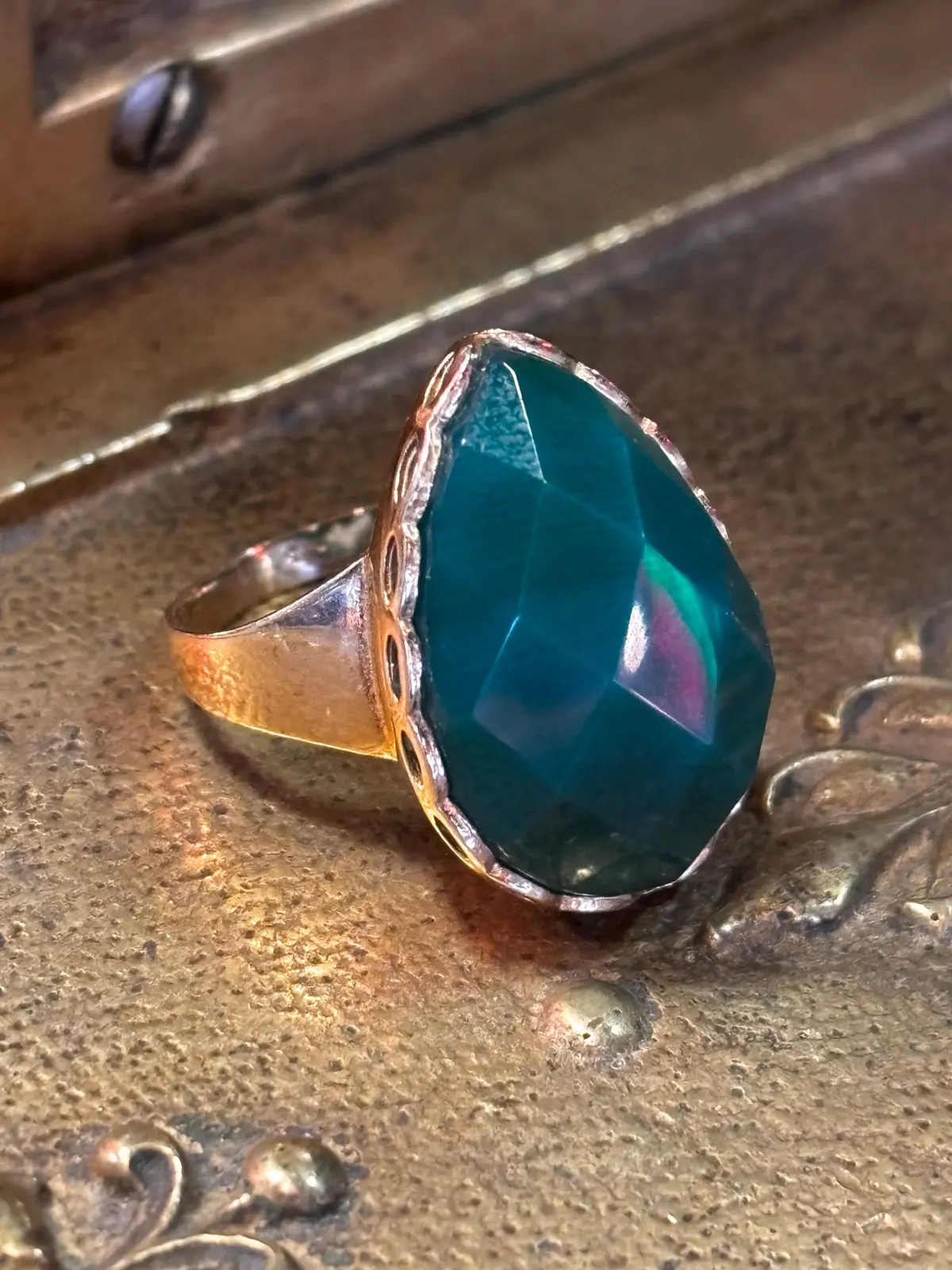 Gold Plated Green Onyx Gemstone Rings 925 Silver Band 1