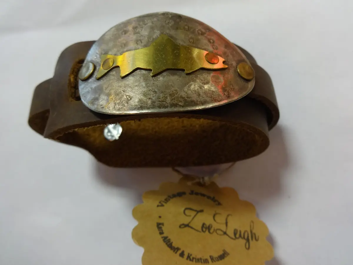 Leather Bracelet With Hammered Spoon And Metal Fish 1