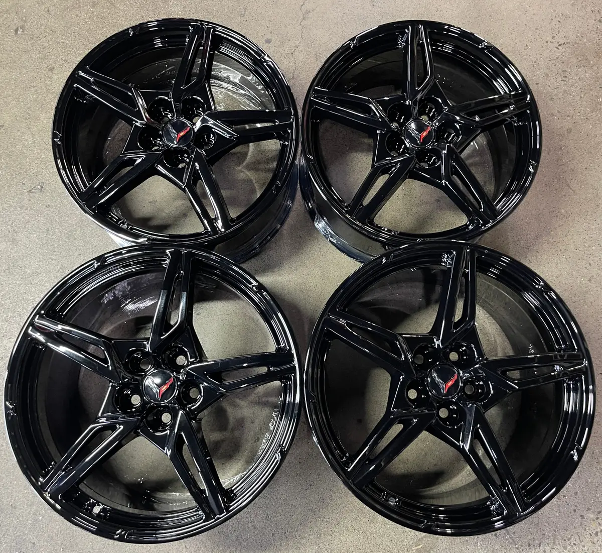 Four 2025 Chevy Corvette C8 Factory 19 20 Wheels Oem 23404163 23404154 Gloss Black 1