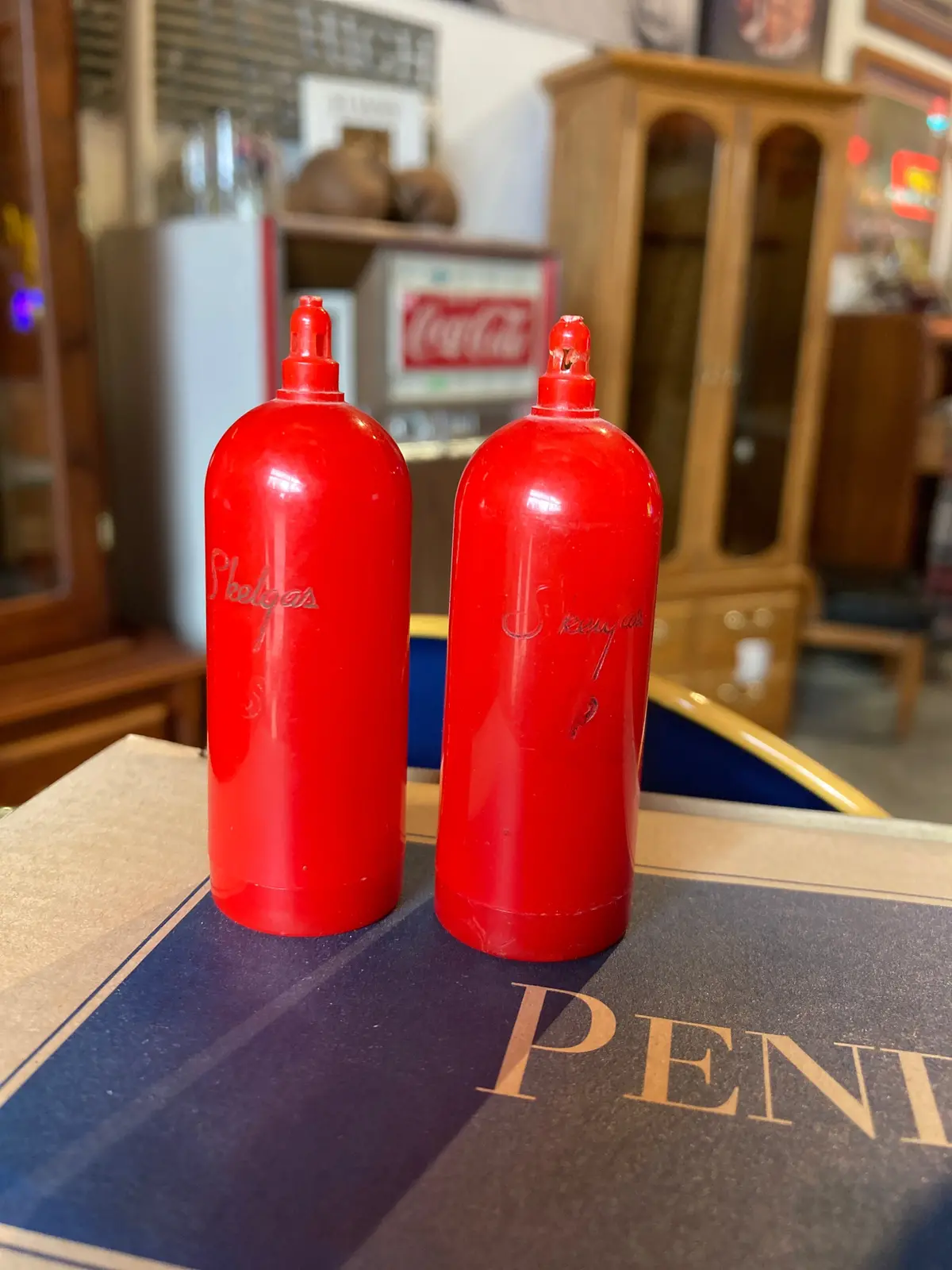 Vintage Skelgas Red Propane Tank Salt & Pepper Shaker Set 1