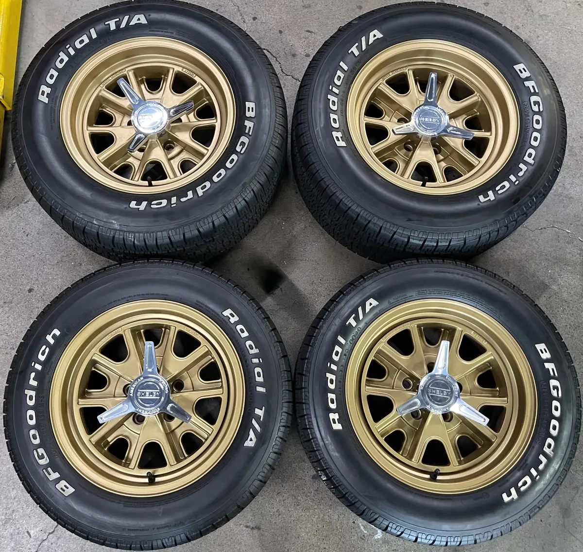 Sold Ford Shelby 15 Wheels Tires 15X7.0 4.0 Bs 15X8.0 4.25 Bs 5X4.5 78Mm Bore Gold 1