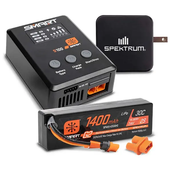 Spektrum Rc Smart Powerstage Surface Bundle: 1400Mah 2S 30C Lipo Battery (Ic2) / 100W S100 Charger / 65W Power Supply / Adapter 1