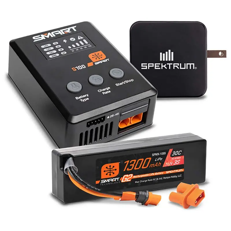 Spektrum Rc Smart Powerstage Bundle: 1300Mah 3S 30C Lipo Battery (Ic2) / S100 Charger / 65W Power Supply / Adapter 1