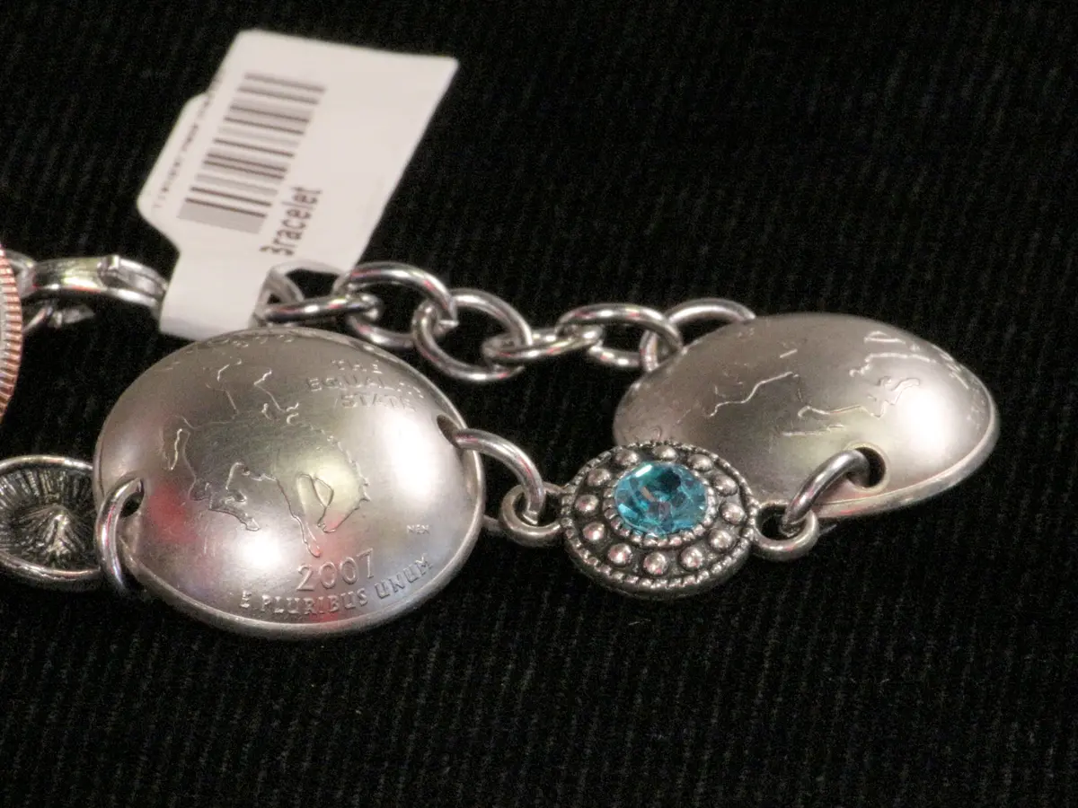 Bracelet With 3 Wyoming Quarters And Two Light Blue And Silvertone Beads 1