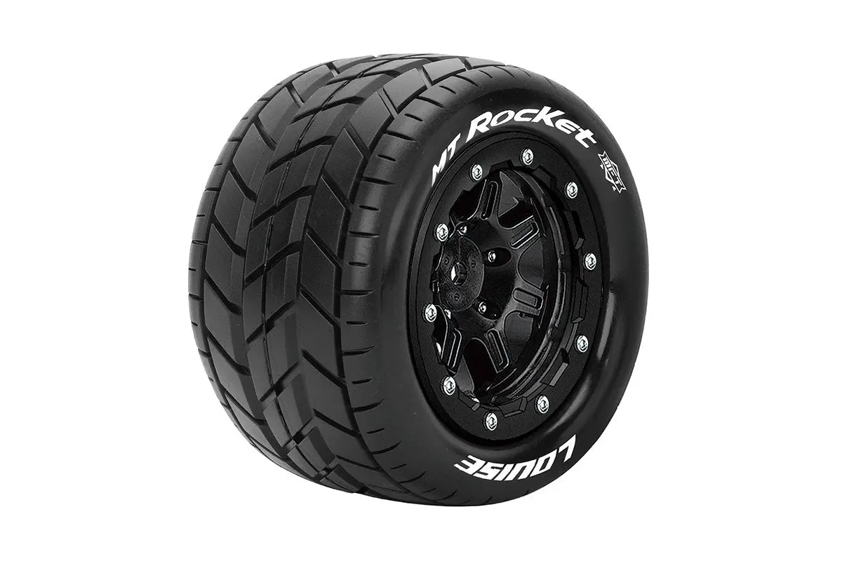 Mft Mt-Rocket 1/10 Monster Truck Tires, 1/2" Offset, 17Mm Hex, Soft, Mounted On Black Rim (2) 1