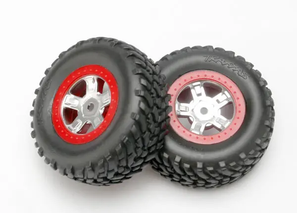 Traxxas Sct Pre-Mounted Tires & Wheels W/Red Beadlock (Satin Chrome) (2) 1
