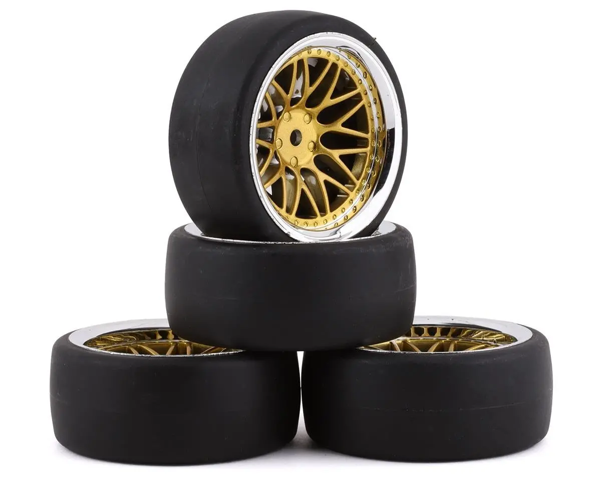 Yeah Racing Spec D Pre-Mounted Drift Tires W/Ls Mesh Wheels (Chrome/Gold) (4) W/12Mm Hex & 6Mm Offset 1