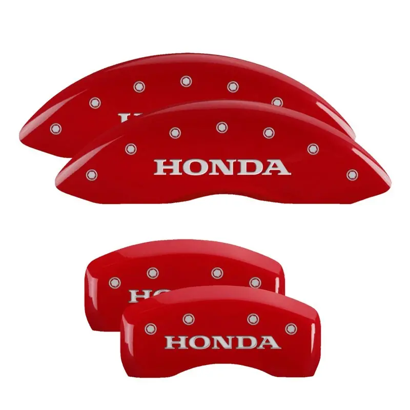 Mgp Engraved 4-Piston Caliper Covers — Front & Rear, Honda-Specific, Red Finish With Silver Accent 1