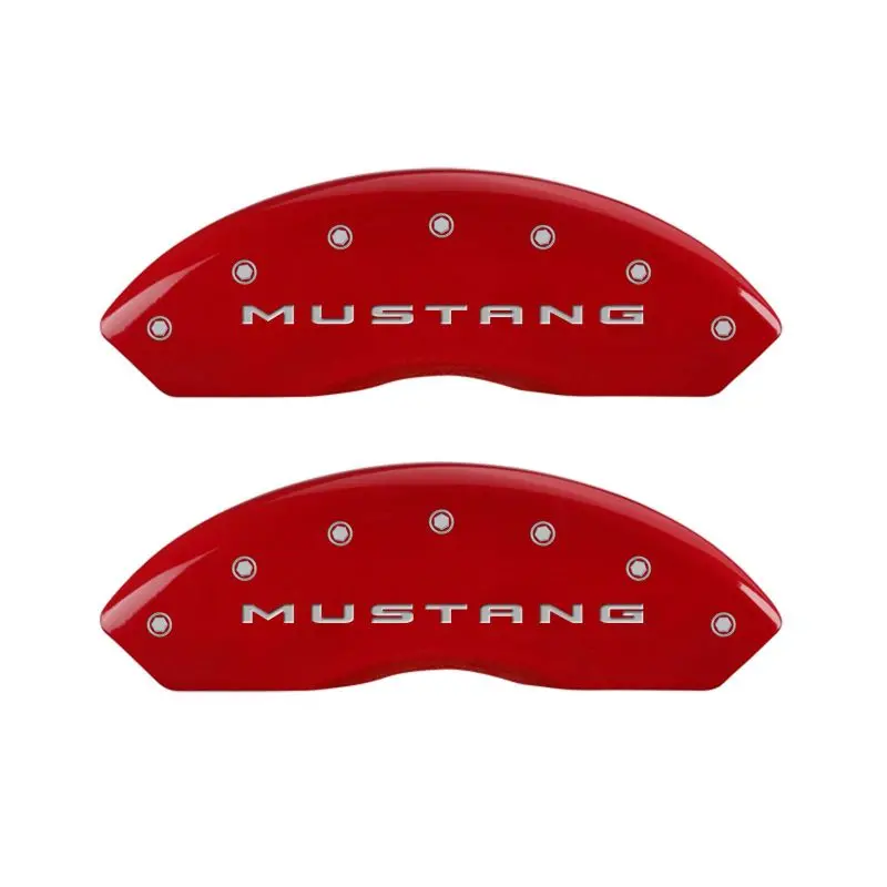 Mgp Engraved 4-Piston Caliper Covers – Front & Rear For 2015+ Ford Mustang (Red Finish With Silver Chrome) 1