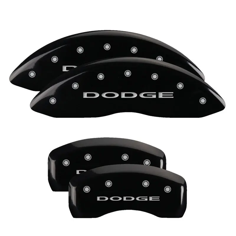 Mgp Engraved 4-Piston Caliper Covers For Dodge – Front & Rear, Black Base With Silver Accents, No Stripes 1
