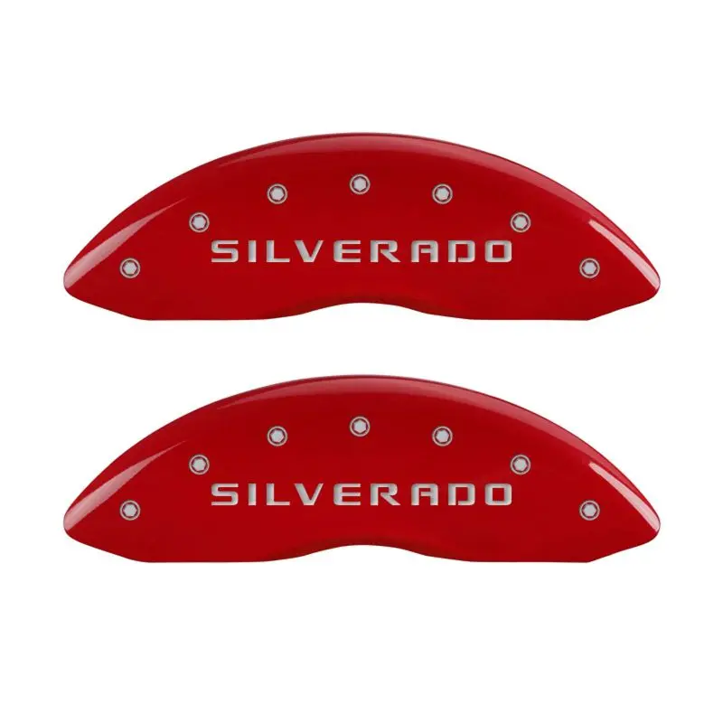 Mgp Engraved Caliper Cover Set For Chevrolet Silverado – Front Pair, Silver With Red Accents 1