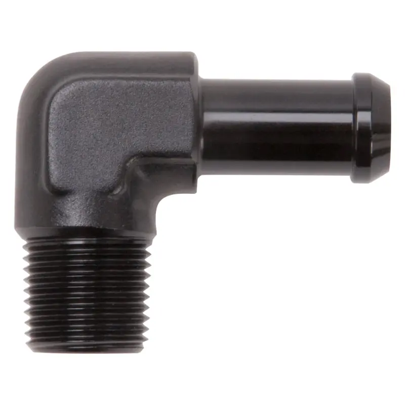 Edelbrock Black Anodized 90-Degree Hose Fitting – 3/8" Npt To 1/2" Barb 1